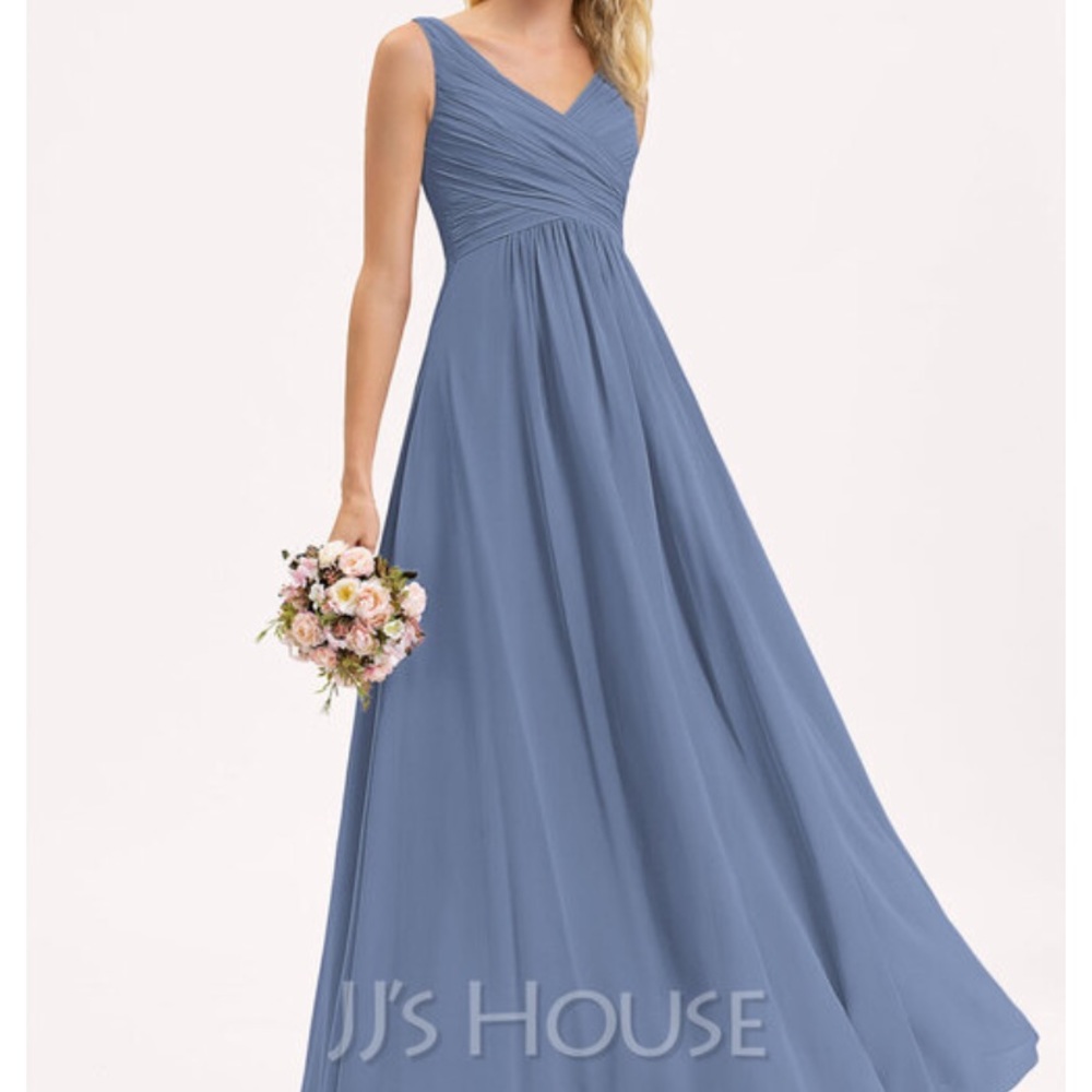 JJ house slate blue a line v neck chiffon dress